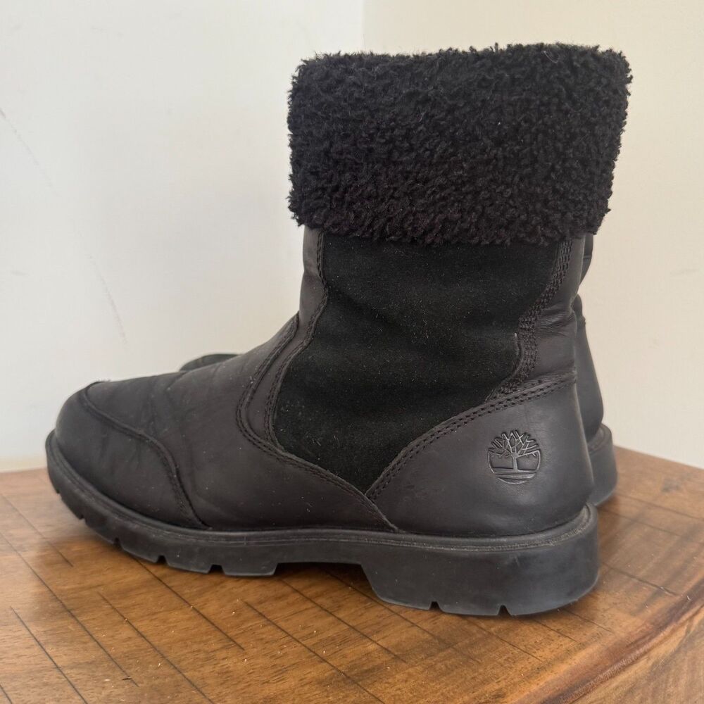 Timberland Womens 8 Black Waterproof Moto Boots Sherpa Cuff Combat Boots